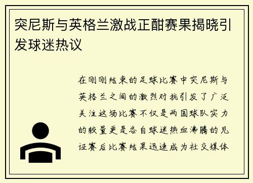 突尼斯与英格兰激战正酣赛果揭晓引发球迷热议